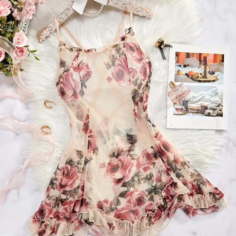 Floral Sheer Dress with Ruffle Hem Babydoll Lingerie